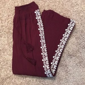 Boho Maroon Flare Pants With Aztec Design